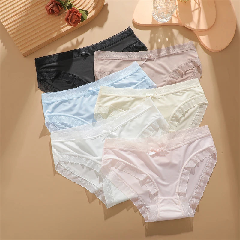 4Pcs Ice Silk Lace Panties Seamless Soild Underwear For Women Sexy Ultra-thin Breathable Briefs Girls Soft Transparent Lingerie