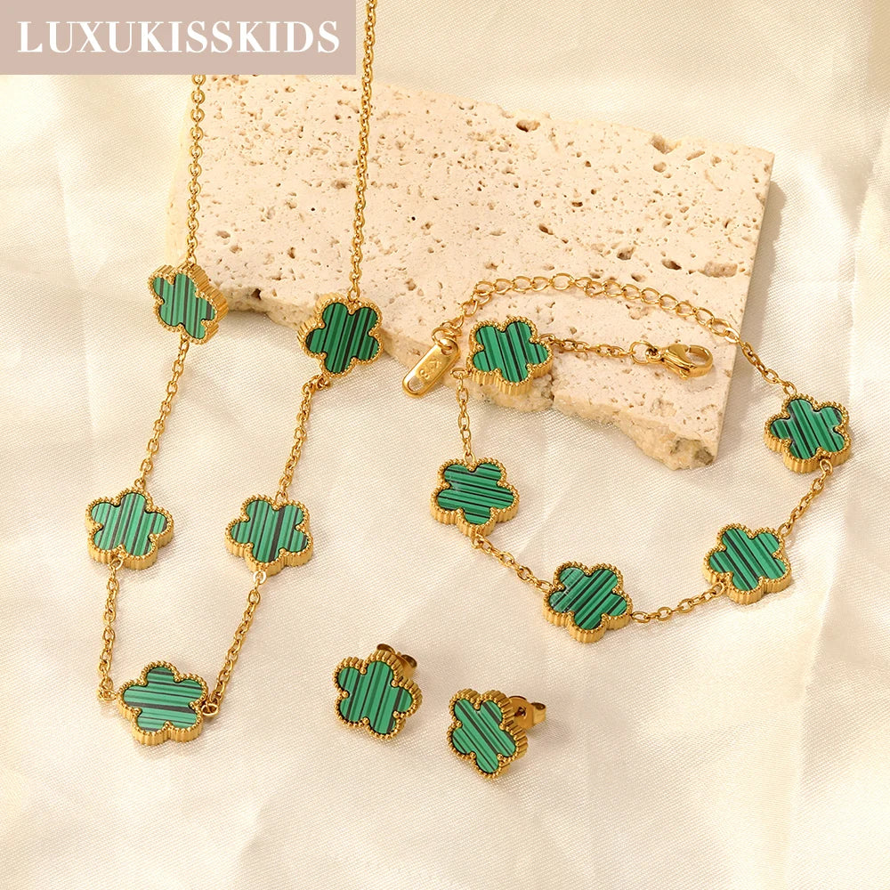 LUXUKISSKIDS Fashion Flower Necklace Earrings Set Jewelry Women Stainless Steel White Shell Clover Bracelet Jewelry Accessories