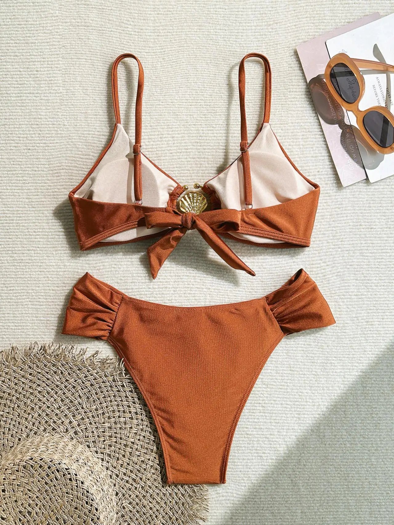 Pleated High-Waist Bikini Set — Metal Shell Buckle Push-Up | Women's Swimwear