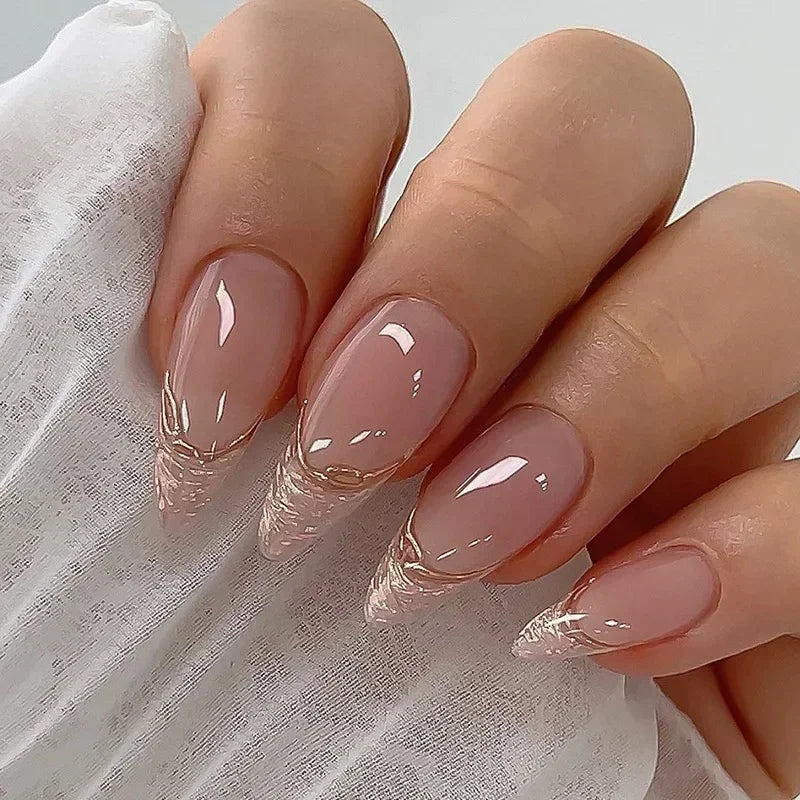 Handmade Almond Press-On Nails - Butterfly, French & Pearl Designs, 24 Pieces