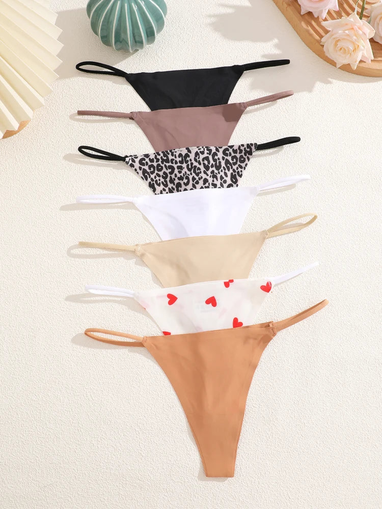 7-Pack Ice Silk Printed & Solid Thongs — Seamless Low-Rise G-String