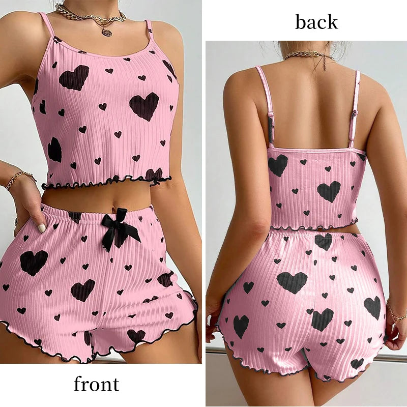 Spaghetti Strap Tank Top & Shorts Pajama Set – Geometric Print, Knit | Women's Summer Sleepwear (1pc or 2pcs)