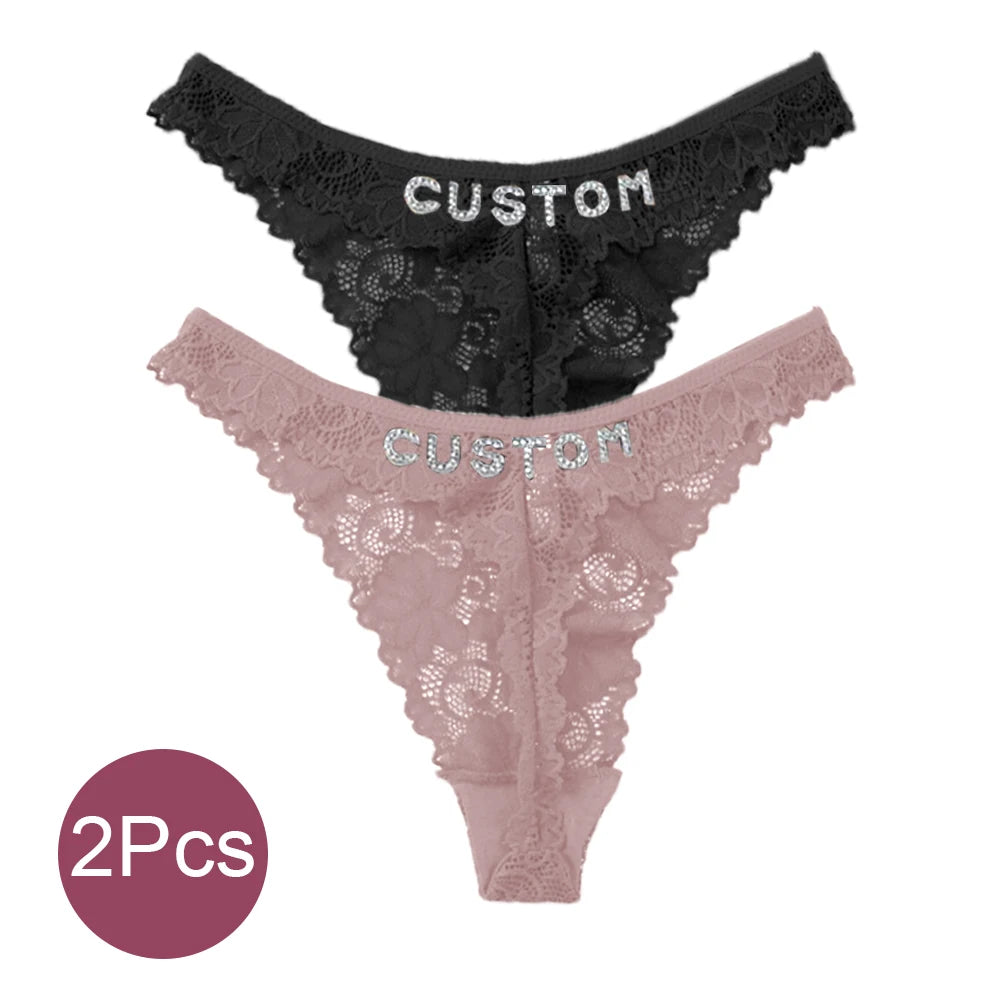 Custom Name Crystal Letter Thong | Dual-Color Lace G-String | Personalized Hotwife Gift