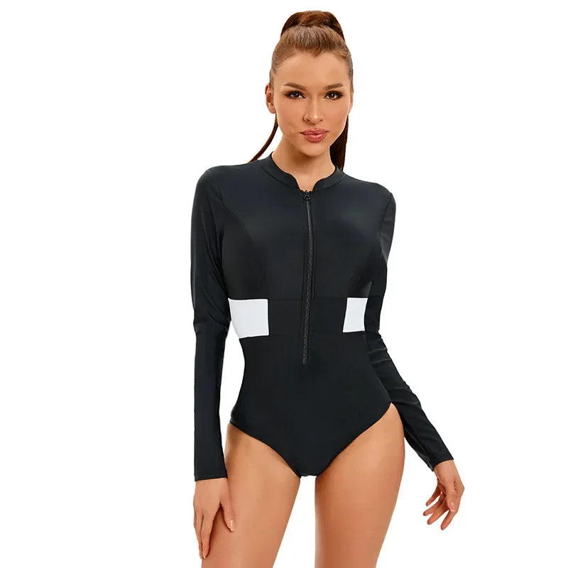 Long Sleeve Zip-Front Rash Guard One-Piece Swimsuit — UPF Sun Protection | Women's Swimwear