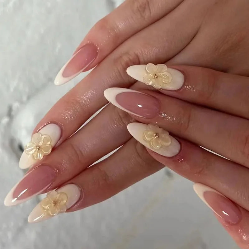 Almond Press-On Nails - 3D Floral, Butterfly & French Tip, 24 Pieces