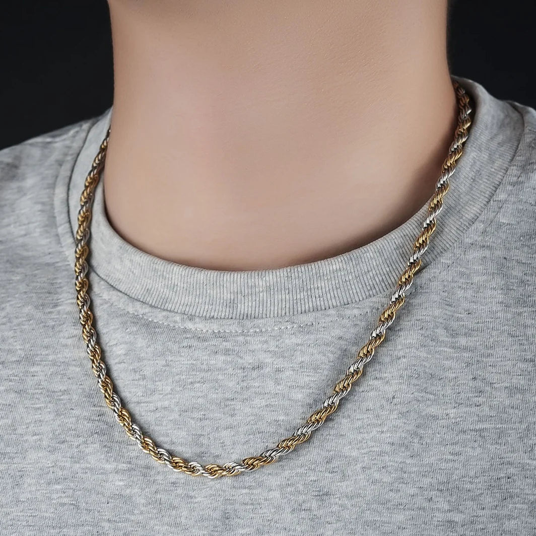 Twisted Rope Chain Necklace – 3mm Punk Stainless Steel Long Necklace for Men & Women