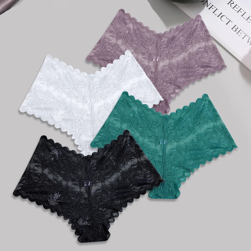 4-Pack All-Over Floral Lace Boyshorts — Hollow-Out Scalloped Low-Rise Panties