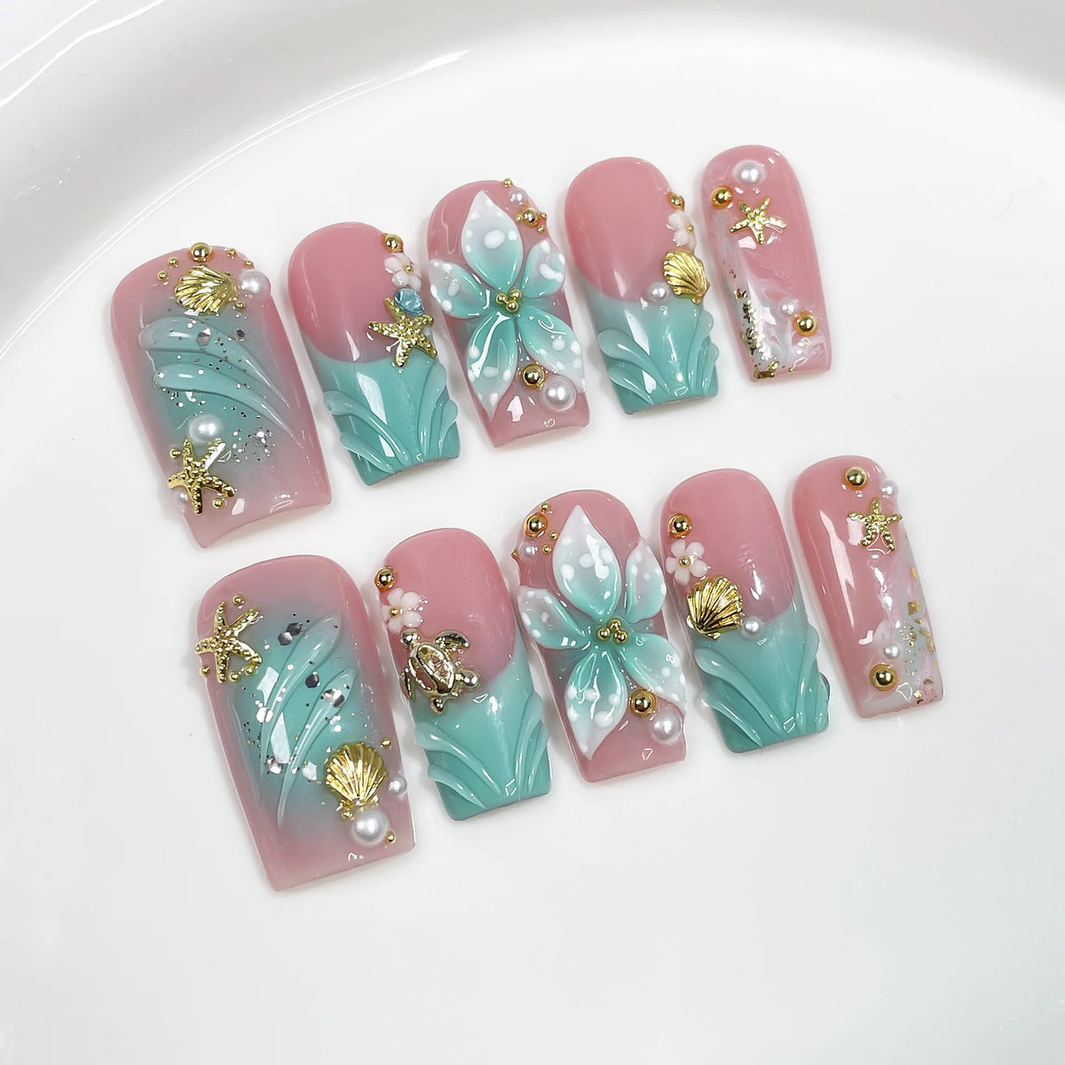 10Pcs 3D Green Flower Handmade Press on Nails French Fake Nails Wearable Stick-on Nails False Nail Uñas Накладные Ногти 네일팁