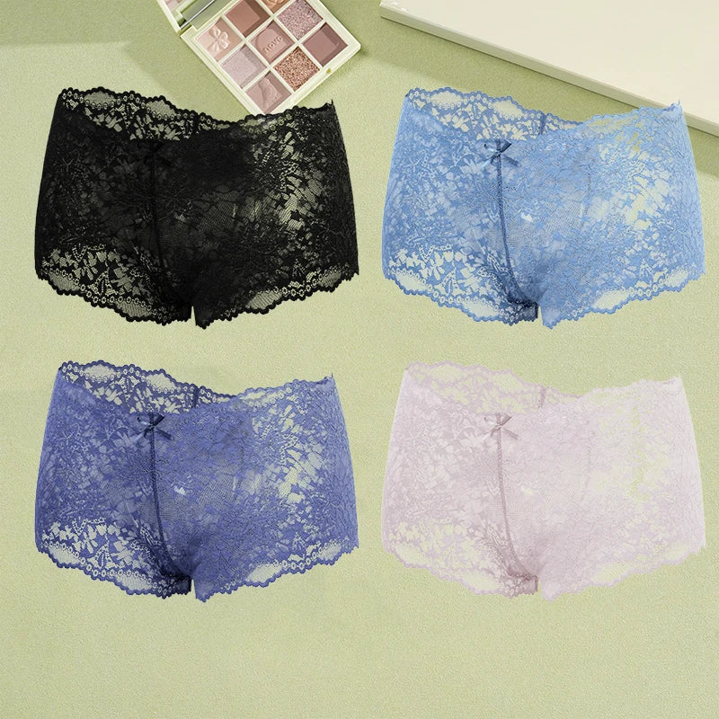 4-Pack Hollow Lace Boyshort Panties – Low-Rise Breathable Underwear for Women (S–2XL, 13 Color Sets)