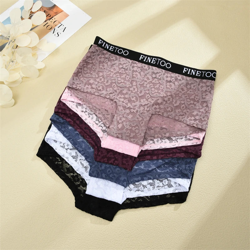 FINETOO 3Pcs Lace Hollow Out Boyshorts Underwear Women's Elastic Belt Panties Sexy Transparent Floral Briefs Breathable Lingerie