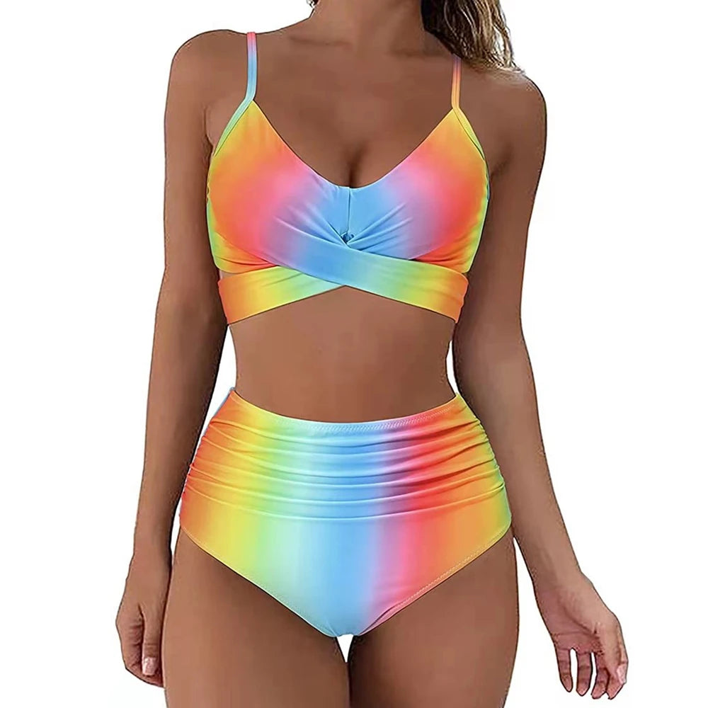High Waist Bikini Set — Cross Front Top & Ruched Bottoms | Women's Swimwear