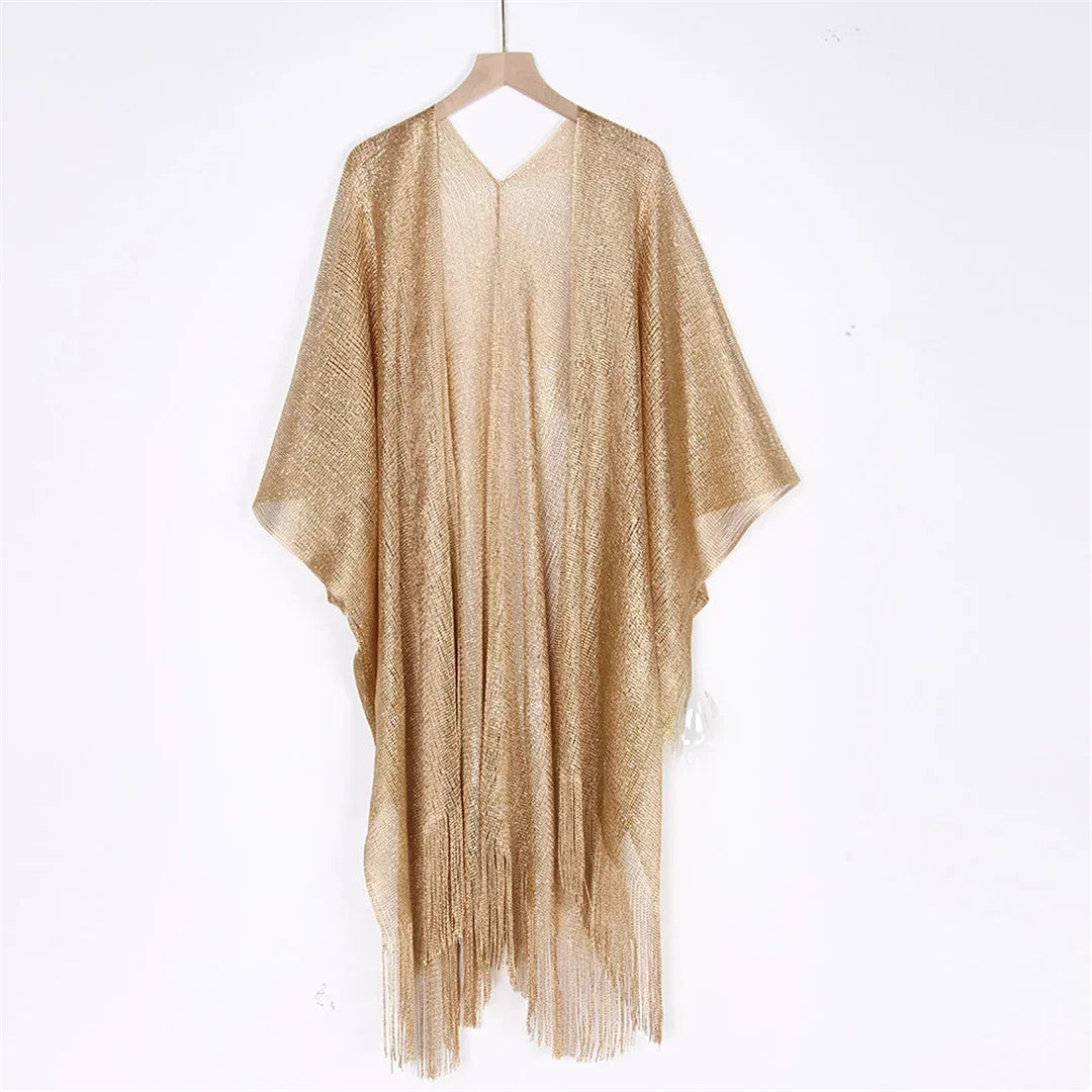 Metallic Tassel Trim Beach Cover-Up — Sheer Kimono | Women's Swimwear