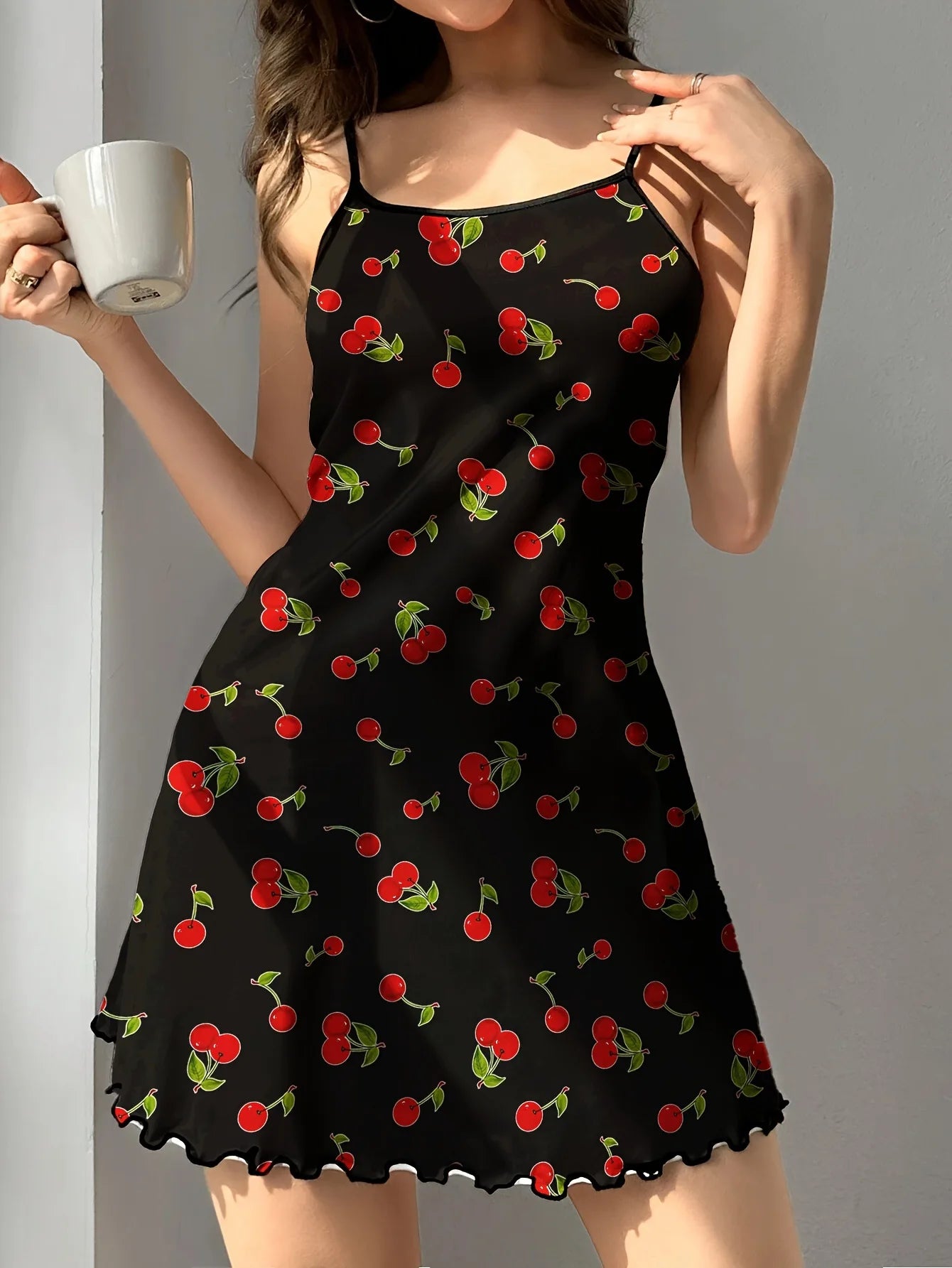 Butterfly Print Satin Sleep Dress — Spaghetti Strap Mini Nightgown