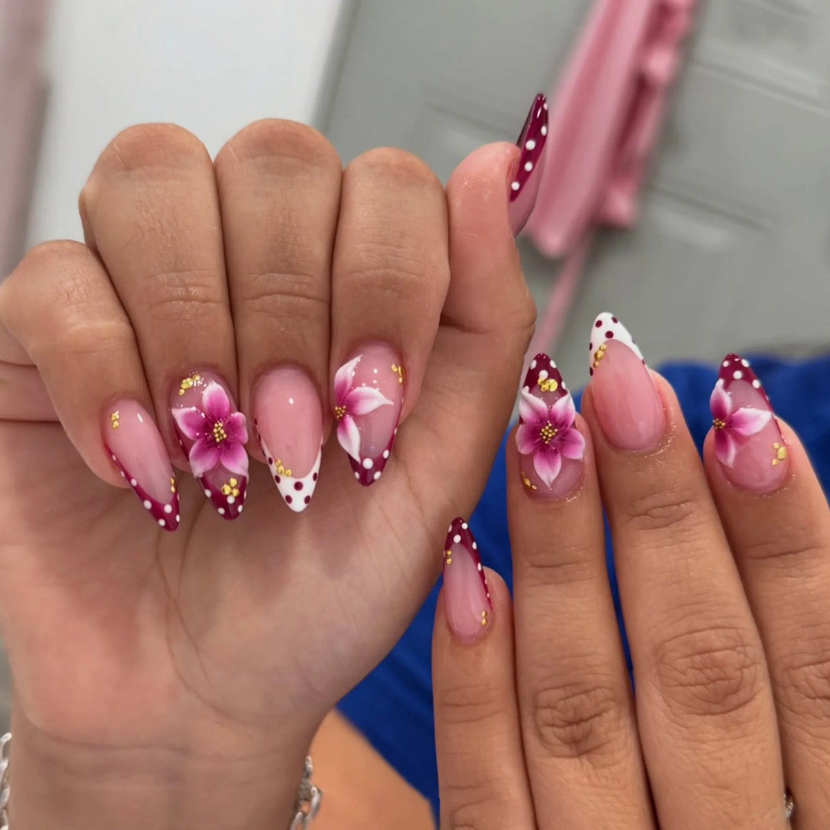 Almond Press-On Nails - 3D Floral, Butterfly & French Tip, 24 Pieces