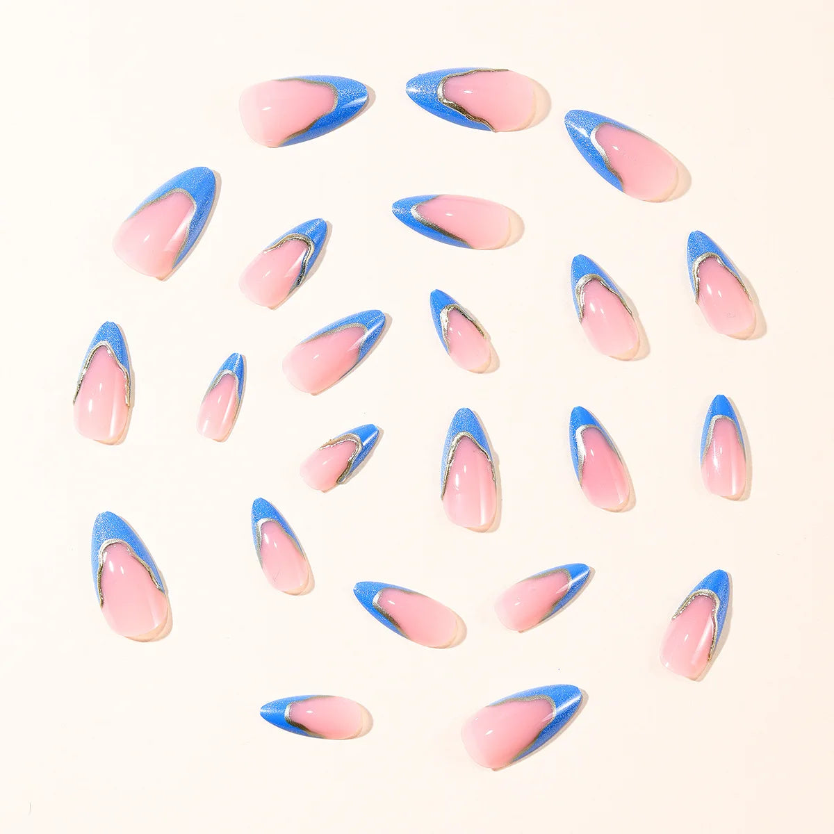 Blue Cat-Eye Press-On Nails – Medium Almond Glitter & Stripe Designs, 24 Pieces