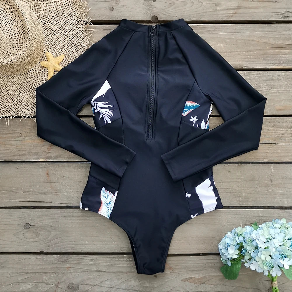 Color Block Surfing One-Piece Swimsuit — Long Sleeve Zipper | Women's Sport Swimwear