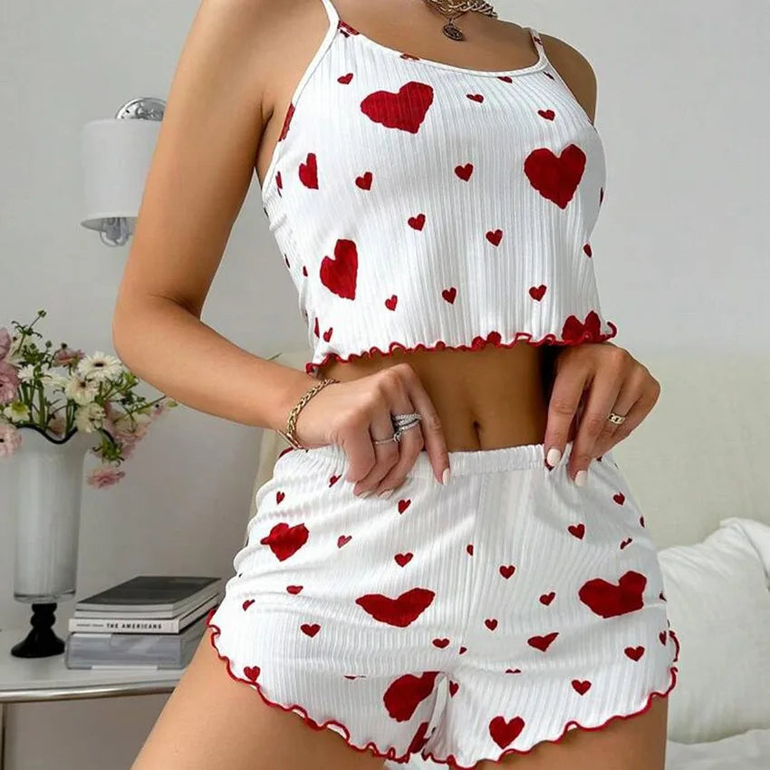 Spaghetti Strap Tank Top & Shorts Pajama Set – Geometric Print, Knit | Women's Summer Sleepwear (1pc or 2pcs)