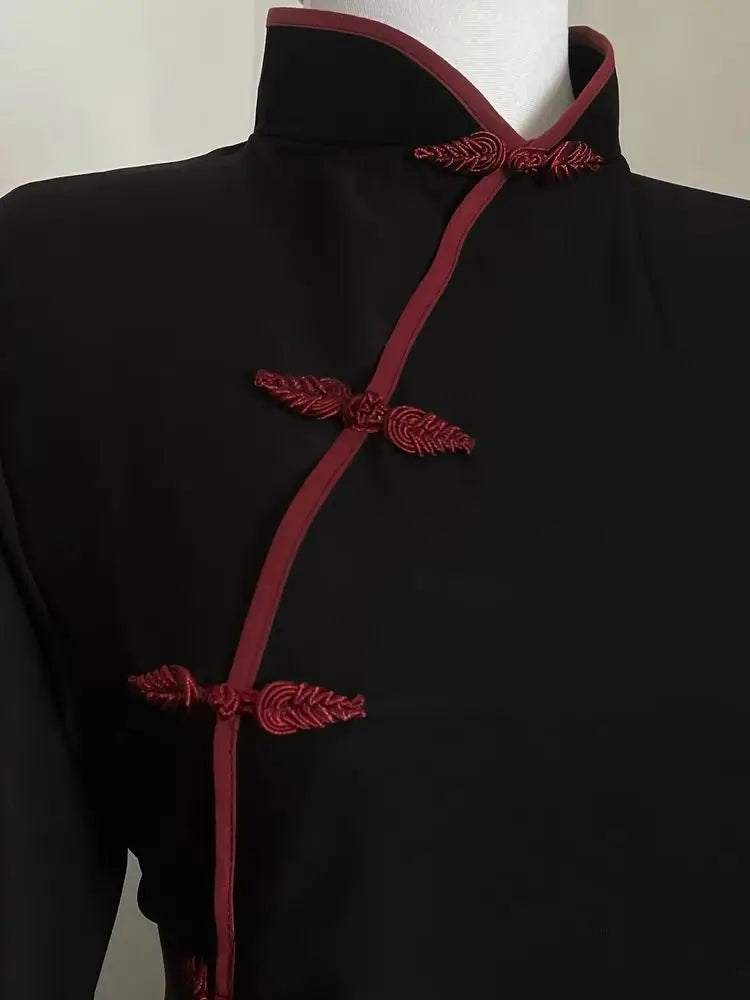 Qipao-Inspired Flared Sleeve Maxi Dress – Frog Button Detail, Modest Abaya Style