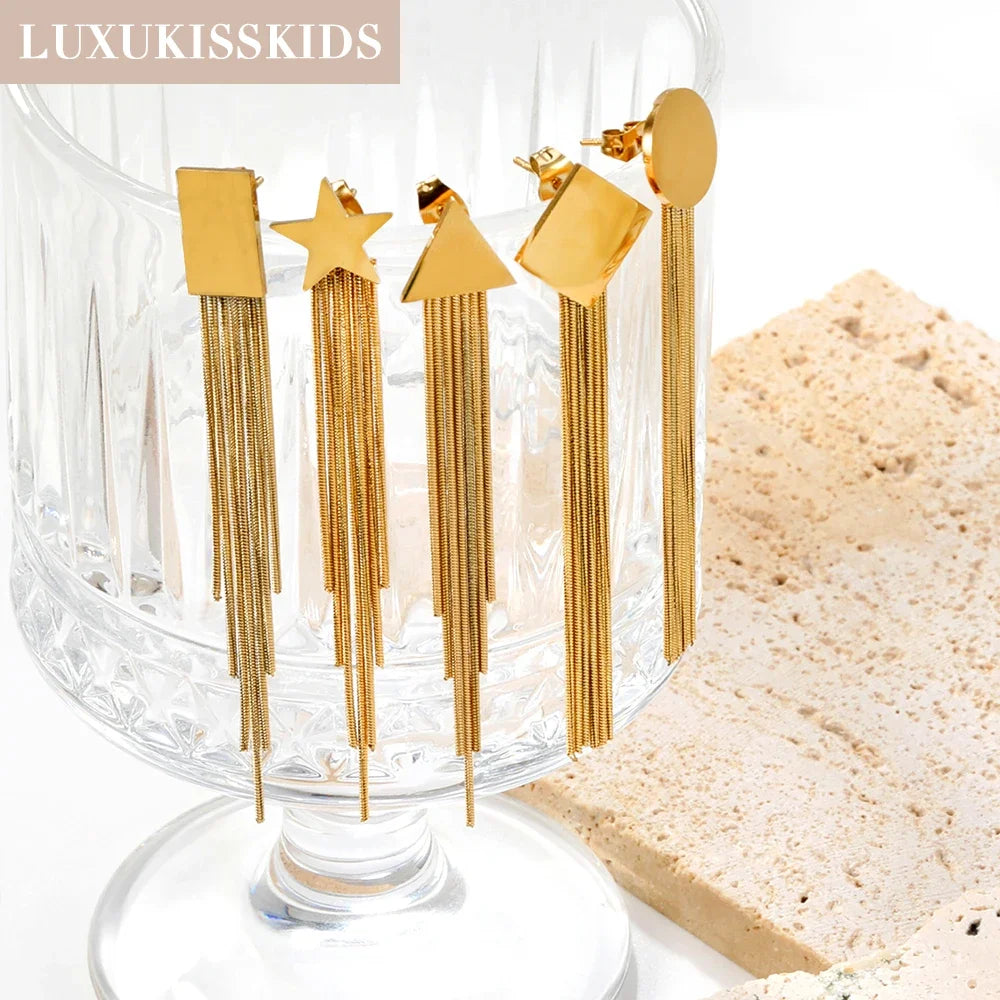 Long Tassel Drop Earrings – 18K Gold-Plated Stainless Steel Dangle Earrings for Women