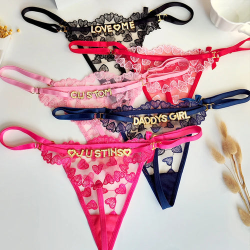 Custom Name Crystal Letter Lace Thong — Multicolor Adjustable Underwear