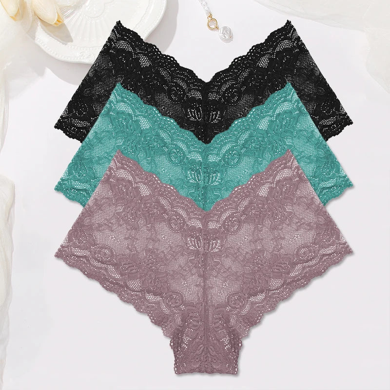 3-Pack Floral Lace Boyshort Panties – Low-Rise Ultra-Thin Underwear for Women (S–XL, 10 Color Sets)