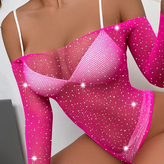 Rhinestone Fishnet Bodysuit — Sparkle Mesh Long Sleeve Teddy | Women's Lingerie