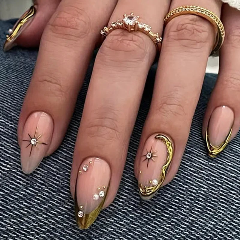 Medium Almond Cat Eye Press-On Nails - Glitter & Gold-Tone Designs, 24 Pieces