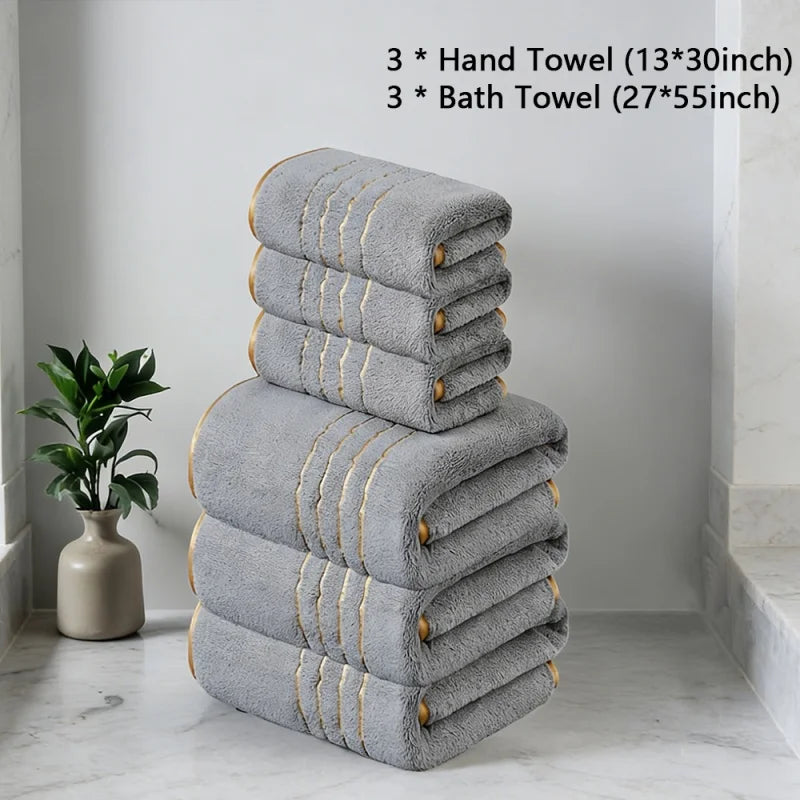 Golden Striped Coral Fleece Bath Towel Set – Ultra-Soft, Quick-Dry, Machine Washable (2, 3, 6 or 8 Pcs)