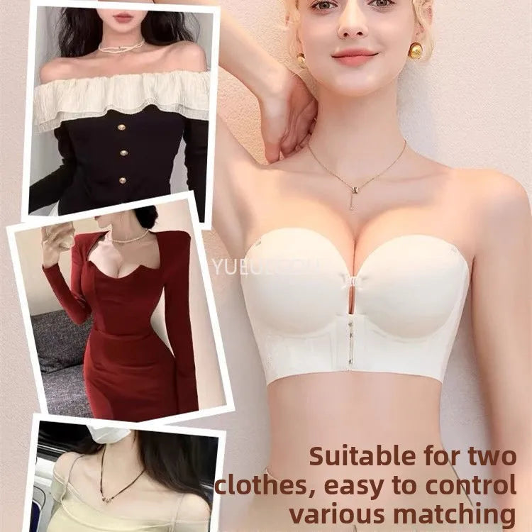 Women's 10CM Extreme Push Up Strapless Bra | Front Closure Anti-Slip Lift for AA-B Cup | No Side Bulge Seamless Invisible Bra for Small Chest (32–38 / 70–85)