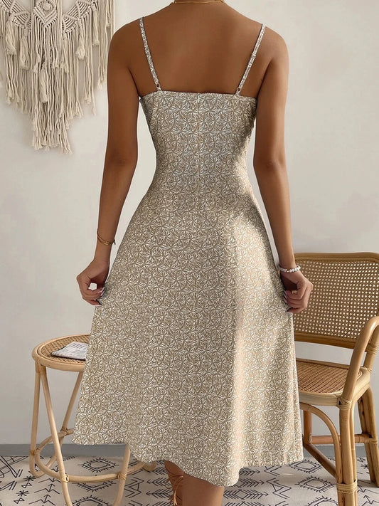 Floral Strappy Midi Dress with Gathered Bust & Thigh Slit – Sexy Summer Beach Dress
