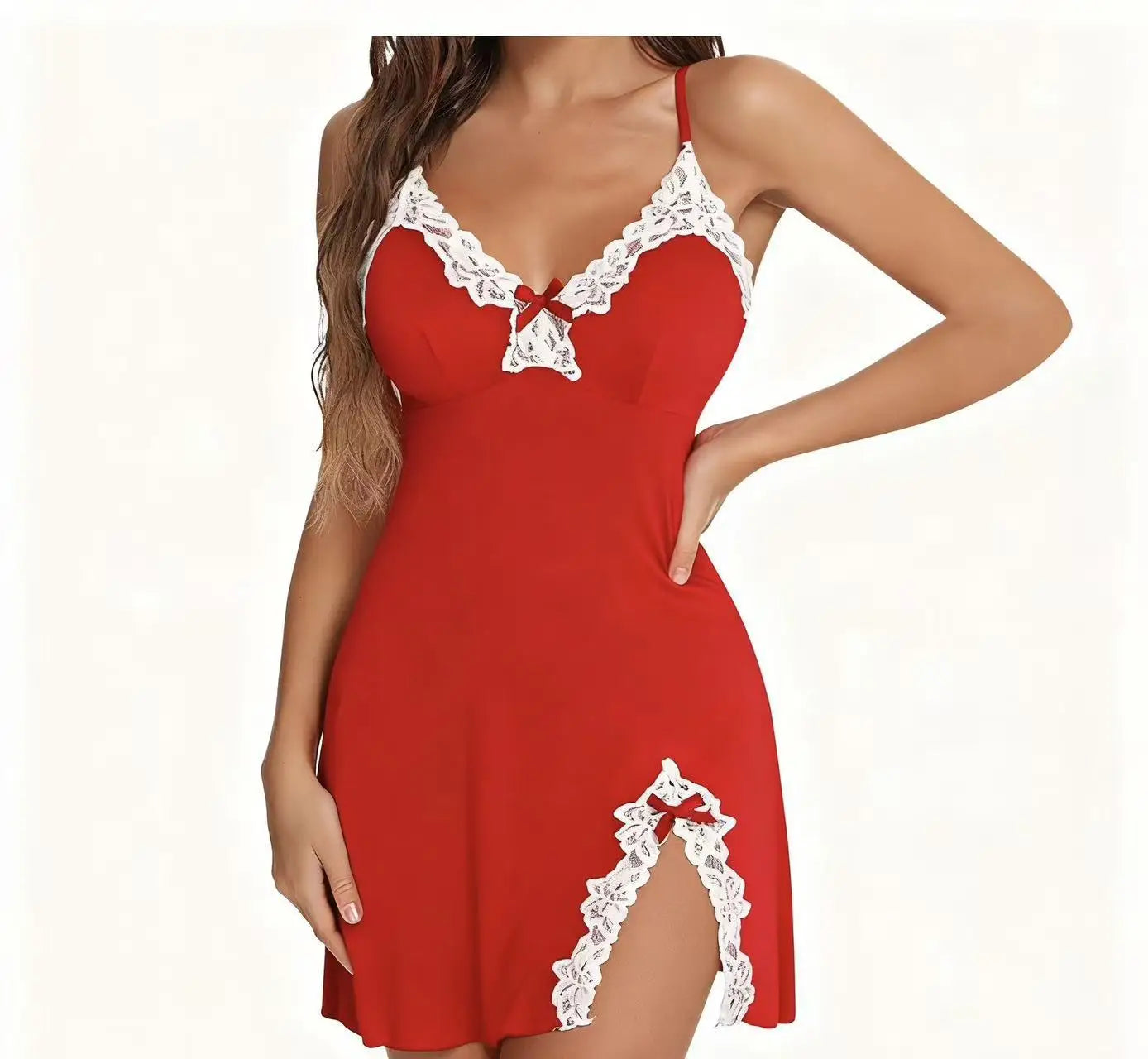 Lace Satin V-Neck Split Hem Nightgown – Sleeveless Mini Night Dress | Women's Sleepwear S–5XL