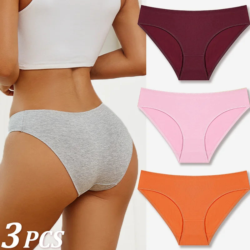 3-Pack Cotton Low-Rise Briefs – Breathable Lace-Trim Underwear for Women (S–XL, 20 Color Sets)