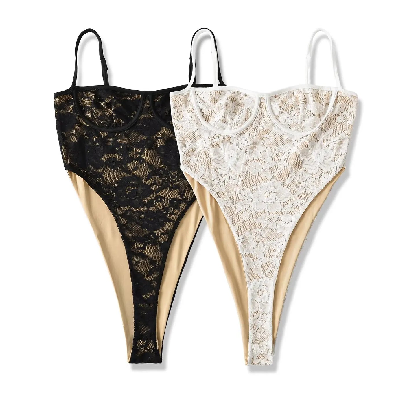See-Through Lace Bodysuit — High-Cut Thong Spaghetti Strap | Women's Lingerie