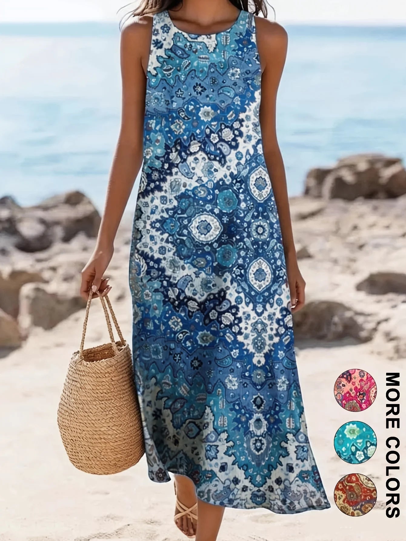 Women's Casual Dress with a Round Neck Sleeveless Featuring Paisley Pattern Print Leisure Bohemian Trendy V-neck Ankle-length