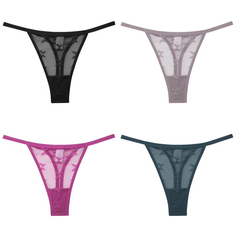 FINETOO 4Pcs/set Lace Thongs Sexy Low Waist Bikini Panties S-XL Lace G-string Underpants Comfortable T-Back Underwear Lingerie