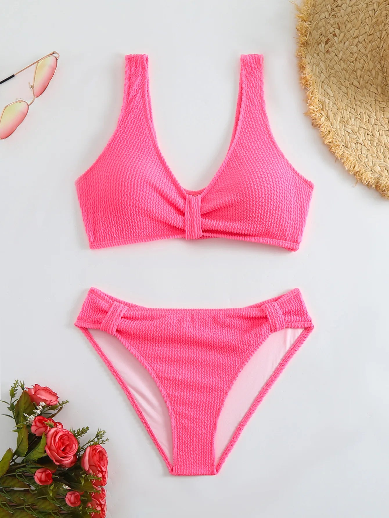 Solid Color High Waist Bikini Set — V-Neck Textured Top & Cheeky Bottoms | Women's Swimwear