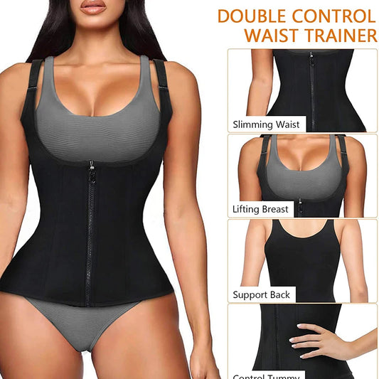 Women’s Waist Trainer Corset Vest – Zipper & Hook Body Shaper with U-Shape Push-Up & Sauna Effect