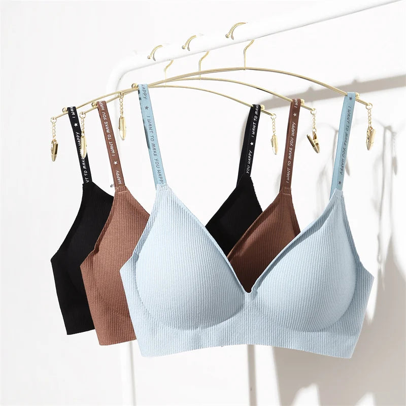 FINETOO Women Wireless Bra Deep V Padded Bralette S-XL Trendy Stripe Knitting Bras Sexy Ladies Brassiere Solid Underwear 6 Color