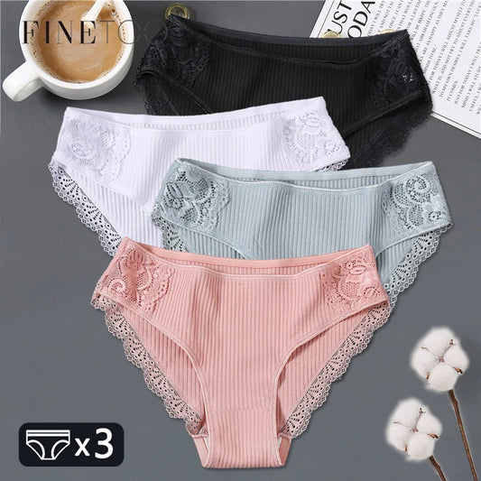 3-Pack Ribbed Cotton Lace-Side Bikini Briefs — Low-Rise Patchwork Panties M–2XL