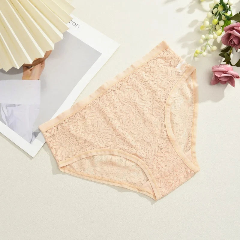 Seamless Floral Lace Brief Panties – Hollow-Out See-Through Underwear for Women (S–2XL, 6 Colors)