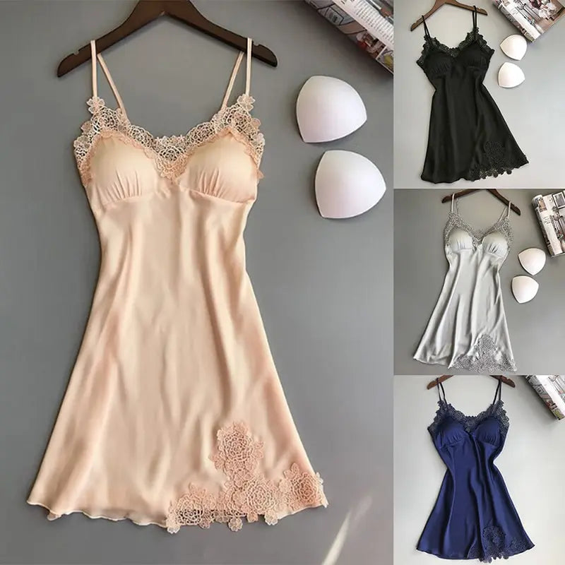 Ice Silk Satin Halter Nightdress – V-Neck, Knee-Length, Sleeveless | Women's Sleepwear