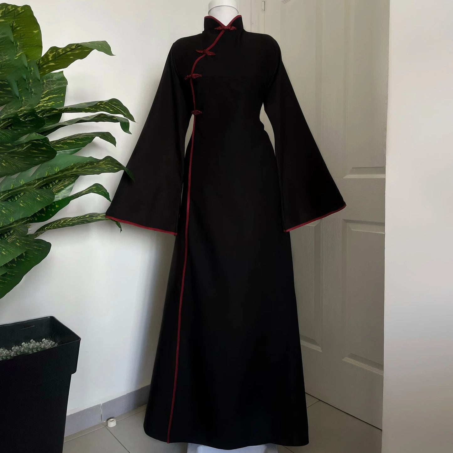 Qipao-Inspired Flared Sleeve Maxi Dress – Frog Button Detail, Modest Abaya Style
