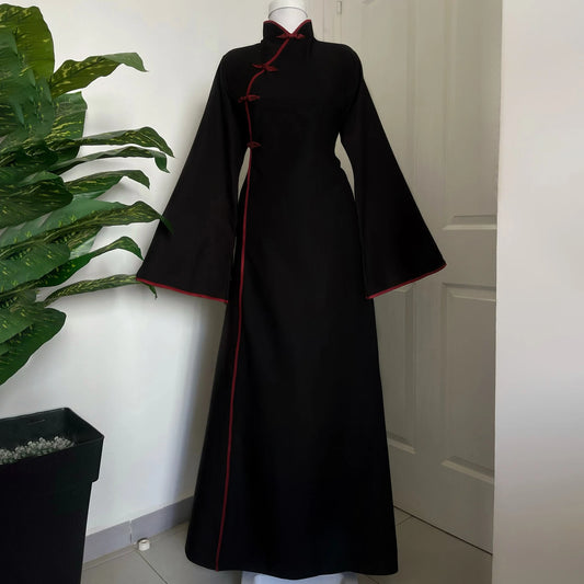 Qipao-Inspired Flared Sleeve Maxi Dress – Frog Button Detail, Modest Abaya Style