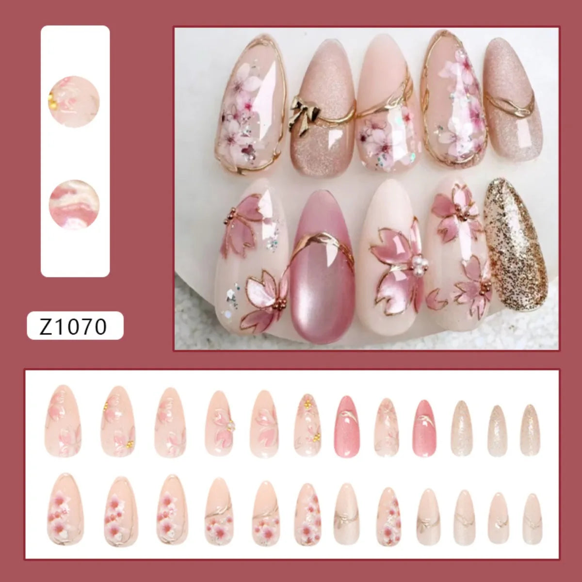 Pink Floral Press-On Nails – Almond Flower Designs, 24 Pieces