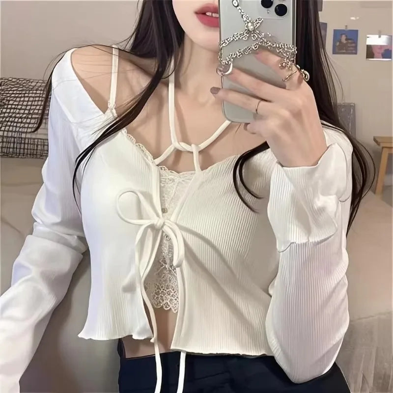 Lace-Up Knit Crop Cardigan — Flare Sleeve Open Front | Women's Tops