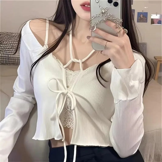 Lace-Up Knit Crop Cardigan — Flare Sleeve Open Front | Women's Tops