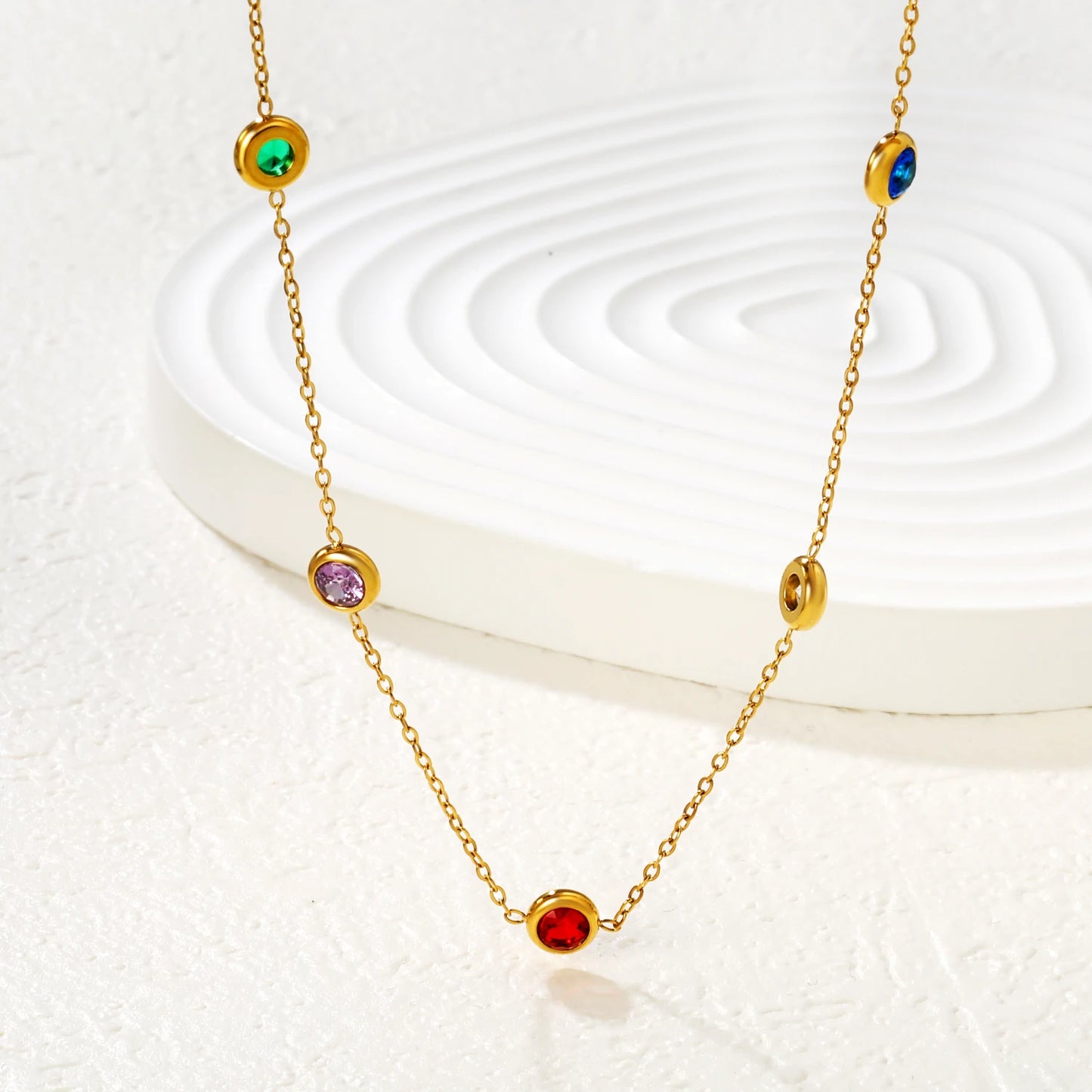 Colorful Rhinestone Chain Necklace – Multicolor Zirconia 18K Gold-Plated Stainless Steel Sweater Necklace for Women