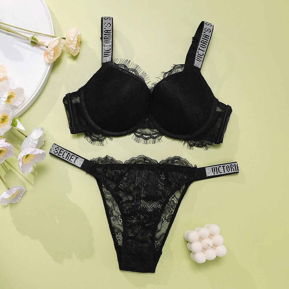 Women's Lace Push-Up Bra & Panty Set – Padded Gathered Lingerie Set