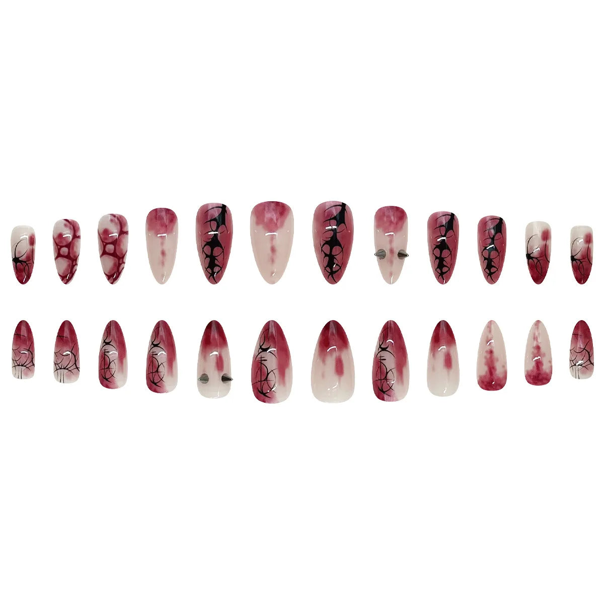 Halloween Press-On Nails – Red & Black Stripe and Silver Rivet Designs, 24 Pieces