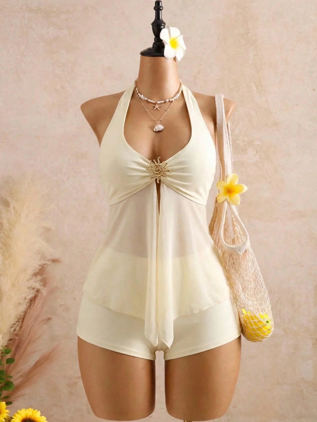 Metal Sun Halter Bikini Set — Mesh Tank Top & High Waist Bottoms | Women's Swimwear